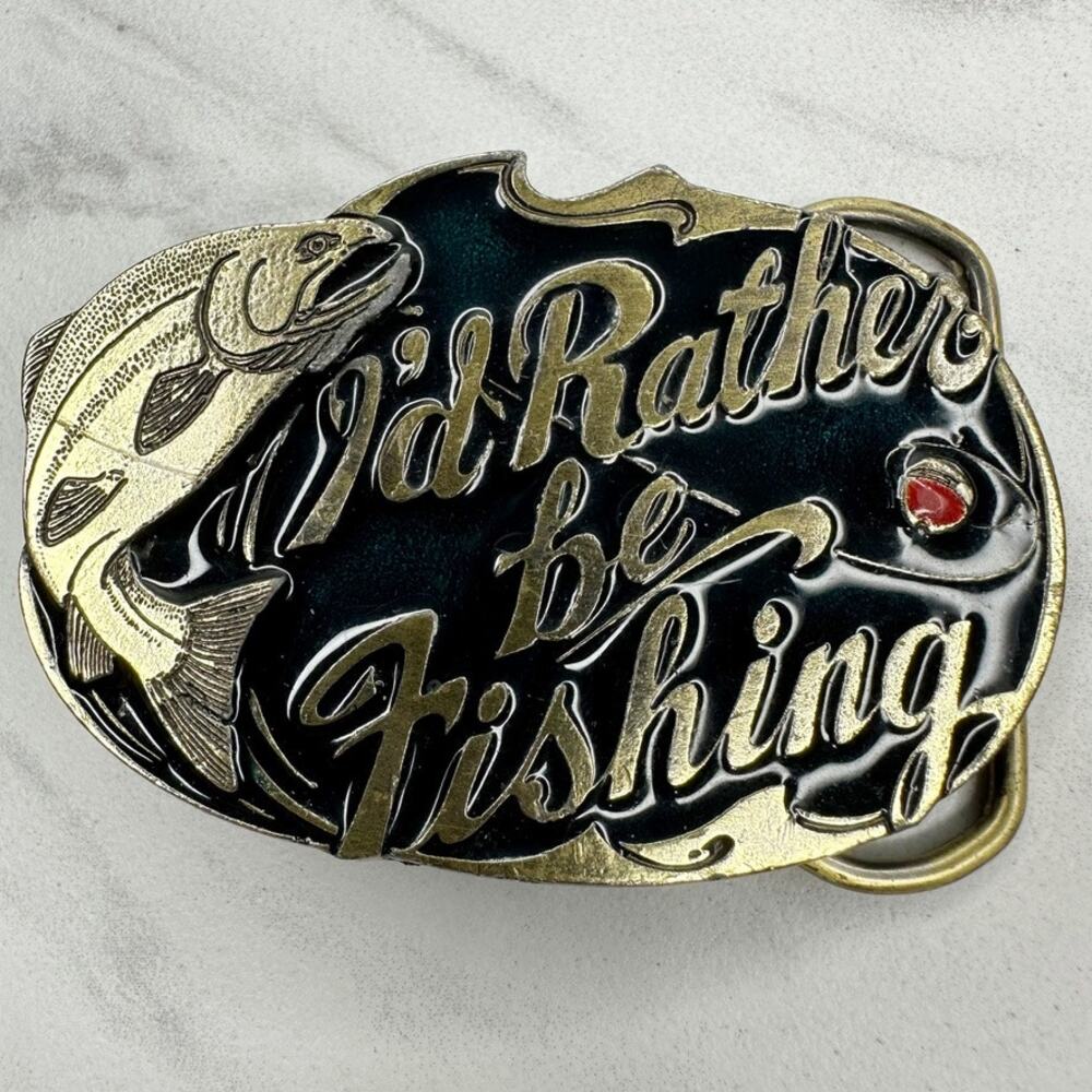Vintage 1985 I'd Rather Be Fishing Belt Buckle Made USA ✨